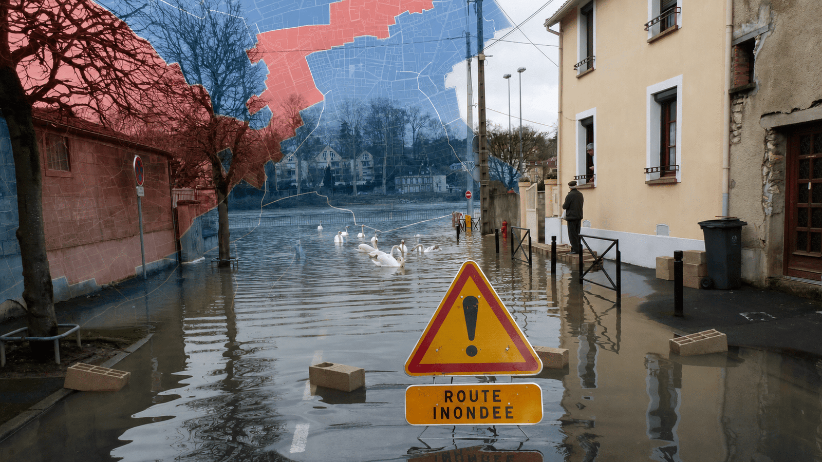 Rue inondée avec panneau route inondée et cartographie PPRI en zones rouges et bleues
